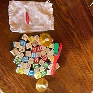 Melissa and Doug wooden blocks 50 total with bag, two symbals , Clacher.